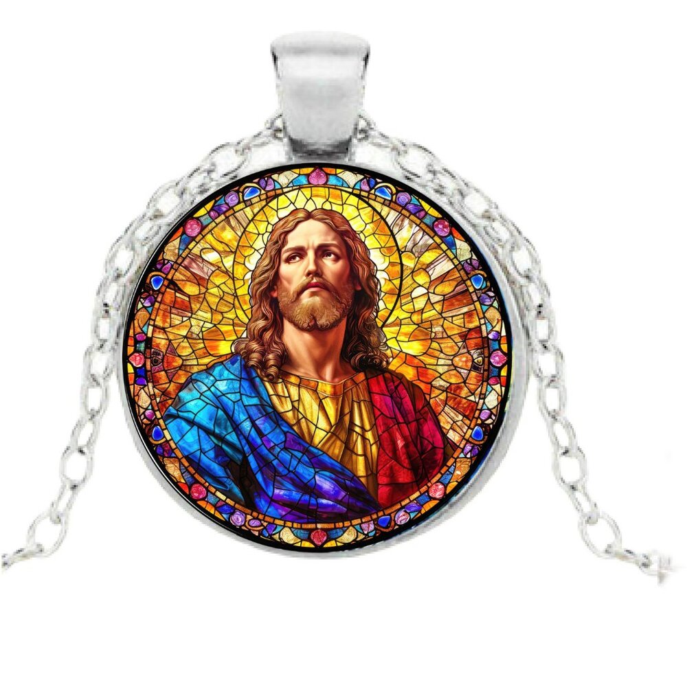 Jesus Beautiful 1-inch round cabochon necklace vivid stained-glass look of Jesus